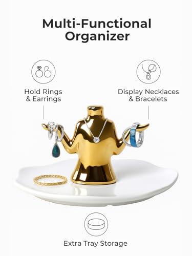 Gold Jewelry Holder with Tray – Ceramic Ring Dish, Earring Stand, Necklace & Bracelet Organizer – Decorative Trinket Dish Jewelry Organizer for Vanity, Dresser, or Nightstand - color: White&Gold