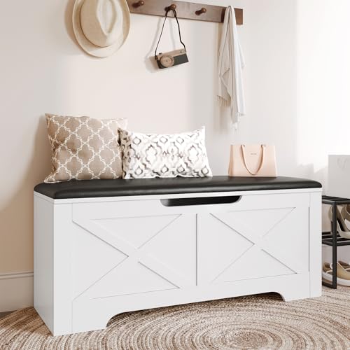 DreamDashio Farmhouse Storage Bench with Lift Top Storage, 39.4" Entryway Bench with Cushioned Seat, End of Bed Bench, Wooden Storage Chest Trunks, for Bedroom, Living Room, Entryway, White