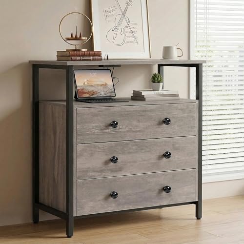 Edbuosy 3 Wooden Drawers Night Stand, 27 Inch Wide Nightstand with Charging Station and Adjustable Drawers, Small Dresser for Closet, Bedside Table for Living Room/Bedroom/Office, Gray. - color: Rustic Gray, size: 3 Drawers