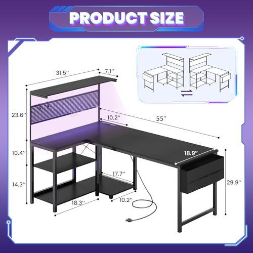 Apicizon L Shaped Desk Gaming Desk with LED Light & Power Outlet, 55 Inch Reversible Computer Desk with Pegboard & Shelf & Storage Bag for Home Office, Black - color: Black, size: 55 in