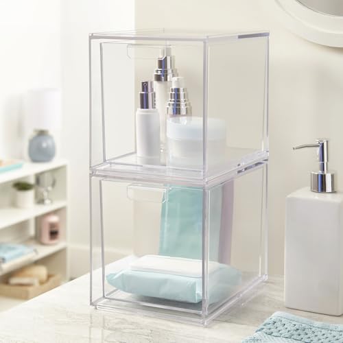 STORi Audrey Stackable Bin Clear Plastic Organizer Drawers | 2 Piece Set | Organize Cosmetics and Beauty Supplies on a Vanity | Made in USA - size: 6.75" Tall Set