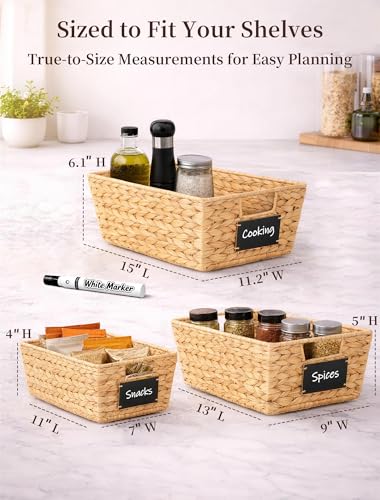 Pantry Organizers and Storage, Water Hyacinth Storage Baskets for Shelves, Natural Baskets for Organizing, Pantry Baskets with Chalkboard Labels and Marker - color: Natural