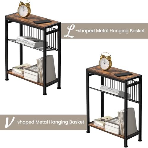 Small Side Table for Small Space, 3-Tier Narrow End Table with Magazine Holder,Slim Nightstand, Skinny Snack Couch Table in Living Room, Bedroom Study and Balcony (Rustic Brown &Black) - color: Rustic Brown