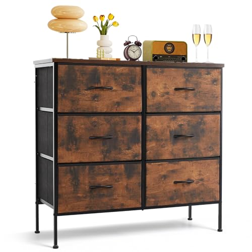 6-Drawer Dresser for Bedroom, Anti-Tip Wide Storage Organizer Chest of Drawers with Wooden Top and Metal Frame Fabric Bins for Closet, Living Room, Hallway, Entryway, Brown - color: Brown, size: 11.8"D x 31.5"W x 31.5"H (6 Drawers)