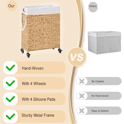 Rolling Laundry Hamper with Wheels, Slim Laundry Basket with Removable Liner Bag & 2 Mesh Bags, Handwoven Water Hyacinth Clothes Hamper for Bedroom Bathroom (Natural, 65L) - color: Natural/No Lid/65L