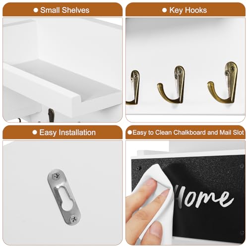 Decorative Key Hanging Rack with 8 Hooks – Easy Install Natural Wooden Key and Mail Holder for Wall Mount – Sunglasses Wallet Holder Entryway Decor with Shelf and Chalkboard (White) - color: White