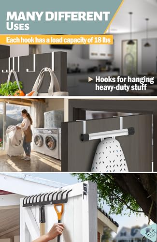 Menz Set of 10 Over The Door Hooks - White Coat Hanger, 2-Sided Towel Holder fits 1 3/8" & 1 3/4" - Hooks for Hanging with Anti-Scratch Felt Pads, Wreath Hanger with Removable Sticky Non-Slip Dots - color: White