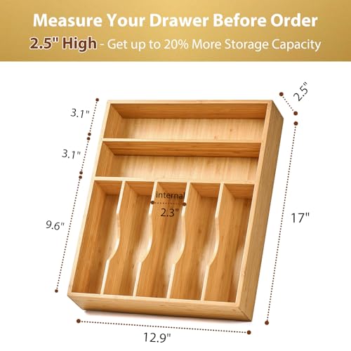 Umilife Bamboo Kitchen Drawer Organizer, 13 Inch Silverware Utensil Tray Holder, Extra Deep Grooved Drawer Divider, 7 Slots Total Bamboo Wood Caddy for Flatware Cutlery Knives, Forks, Spoons - size: 13 x 17 Inch (7 Slots)