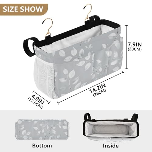 Bedside Caddy Metal Frame Hanging Organizer Bunk Bed Dorm Accessories Hook And Loop Storage Bag Large Pockets Elegant Grey Leaves - color: Elegant Grey Leaves