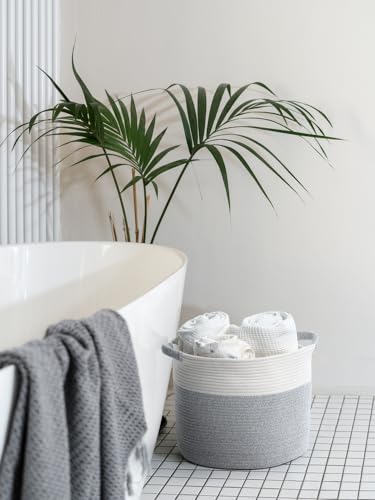 Blanket Basket - Woven Round Rope Storage Basket (16"Wx14"H) for Blankets & Throws, Small Laundry & Toy Organizer, Decorative Living Room & Bedroom Cotton Basket - White & Gray - color: White & Gray, size: Regular-16"Wx14"H