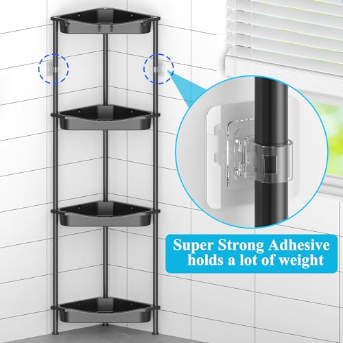HuggieGems 4 Tier Floor Standing Corner Shower Caddy Organizer Shelf with Hooks, Bathroom Shelves Stand Rack, Jet Black - color: Jet Black, size: 4 Tier