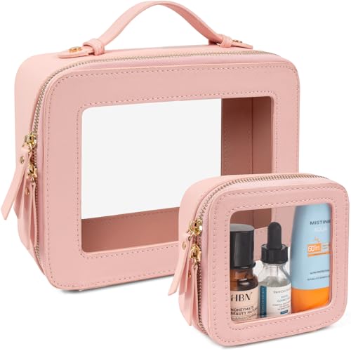 LETGO Clear Makeup Bags Set - TSA Approved Toiletry Bag with Handle Large Opening, Clear Toiletry Bags Case Pouch for Traveling Travel Car Orangizer Storage Essentials (Mini+Large Pink) - color: 0-Large+Mini-Pink