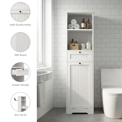 Casaphoria 55 Inch Tall Laundry Sorter Cabinet, Narrow Bathroom Storage Cabinet with Tilt-Out Hamper and Drawer, Freestanding Space-Saving Organizer for Laundry Room, White - size: 15.74"L×13.77"W×55"H