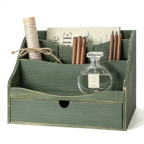 Rebee Vision Pine Wood Mail Organizer for Desk - Charming Farmhouse Mail Holder Organization with Drawer & Dividers - 4-Slot for File & Jewelry Sorter, Mail Organizer Countertop for Home Decor(Green) - color: B-Green