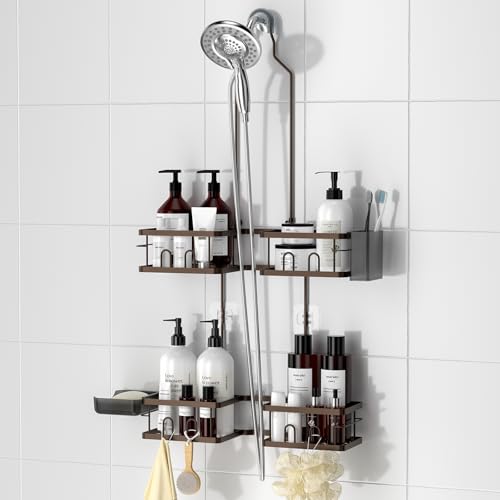 REINHARDT Adjustable Shower Caddy Hanging Rustproof Shower Caddy for Handheld Showerheads, Shower Organizer with Hooks Soap Holder, Anti-Swing Shower Rack Bathroom Accessories, Bronze - color: Bronze