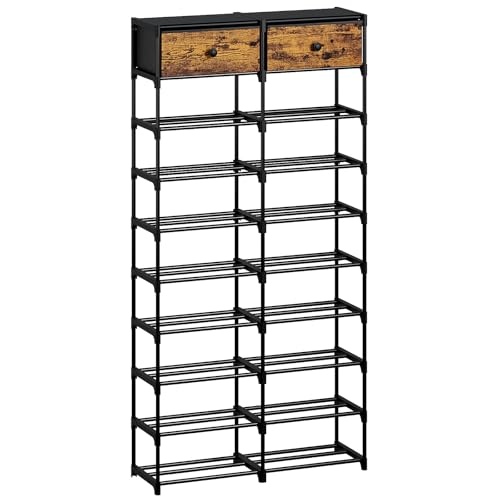Tall Shoe Rack, 10 Tier Large Shoe Rack Organizer with 2 Drawers, Shoe Storage for 36-40 Pairs, Sturdy Metal Shoe Shelf Shoe Stand for Closet Entryway, Rustic Brown and Black - color: Rustic Brown and Black, size: 10 Tier