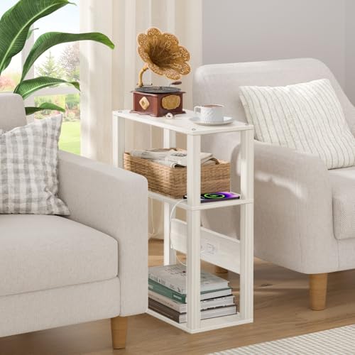 YUFAM 3 Tier Small Narrow Bamboo Side Table Set of 2 with Charging Station - Skinny Nightstand for Small Spaces, Slim Bedside Table with USB Ports and Outlets - Thin End Table with Storage, Grey White - color: Grey White, size: 2 Pack