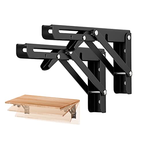 Ravinte 2 Pack 8 Inch Folding Shelf Brackets – Matte Black, Heavy Duty Collapsible Brackets for Tables and Benches – Space-Saving Design - size: 8 Inch