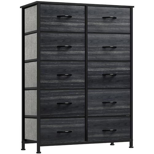 YITAHOME 10 Drawer Dresser - Fabric Storage Tower, Organizer Unit for Living Room, Hallway, Closets - Sturdy Steel Frame, Wooden Top & Easy Pull Fabric Bins - color: Cool Black Wood Grain, style: 10-Drawer