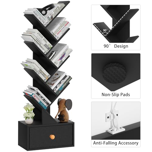 SHEEPAM 8 Tier Tree Bookshelf with Drawer, Free Standing Wood Bookcase for Living Room, Bedroom, Home Office, Space Saving Storage Organizer Bookshelves for Books, CDs, Vinyl Records- Black - color: Classic Black, size: 8 Tier