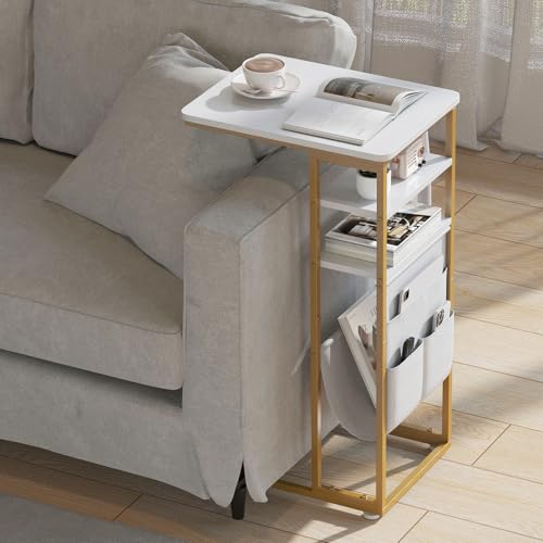C Shaped End Table 28"(H) 3-Tier C Table with Storage Bag, Under Couch Table C-Shaped End Table with Storage Shelves and Bag for Living Room, Bedroom, or Office - color: Gold, size: Wood
