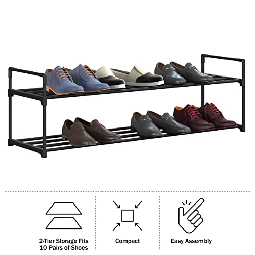 Home-Complete Shoe Rack – 2-Tier Shoe Organizer for Closet, Bathroom, Entryway – Shelf Holds 10 Pairs of Sneakers, Heels, and Boots (Black) - color: Black, size: 2-tier