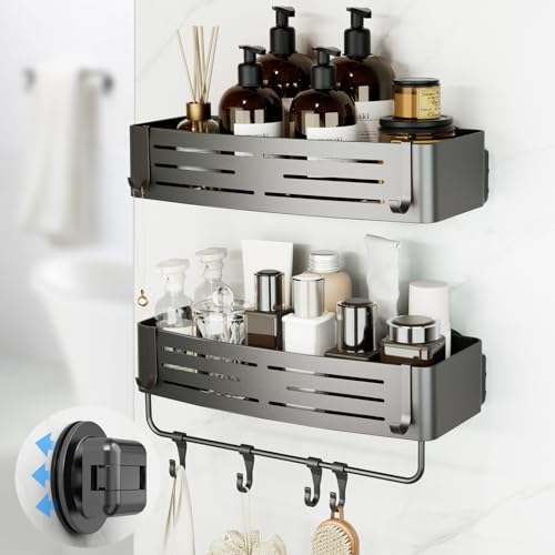 Onemake Shower Caddies Suction Cup, 2-Pack Removable Bathroom Shelf, Shower Organizer with Portable Hooks, Shower Caddy Corner Waterproof Holder with Towel Bar, Gray - style: 2 Tier-Gray Square Caddies