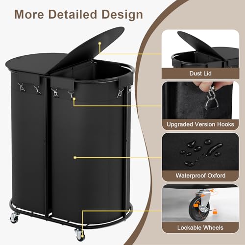 200L Double Laundry Hamper with Lid and Wheels, Large Oval Rolling Laundry Basket 2 section, Sturdy Metal Laundry Cart with 2 Removable Bags, Dirty Clothes Organizer for Home, Dorm, Black - color: Black, size: 200L(24.8"L x 16.9"W x 31.5"H)