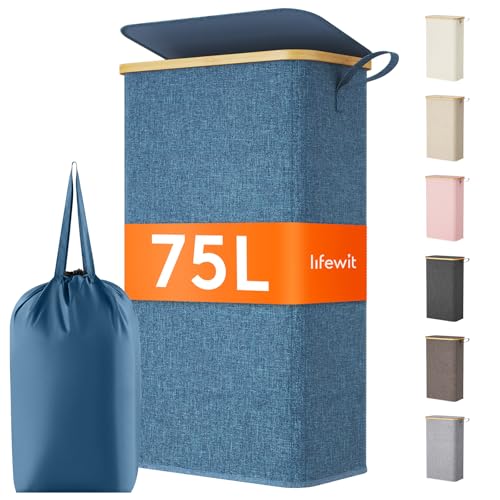 Lifewit 75L Slim Laundry Hamper with Lid, Narrow Laundry Basket with Removable Bag & Bamboo Handles, Fodable Thin Dirty Clothes Hamper for Laundry Collapsible Bin for Bathroom Bedroom Dorm, Dark Blue - color: Dark Blue, size: 75L