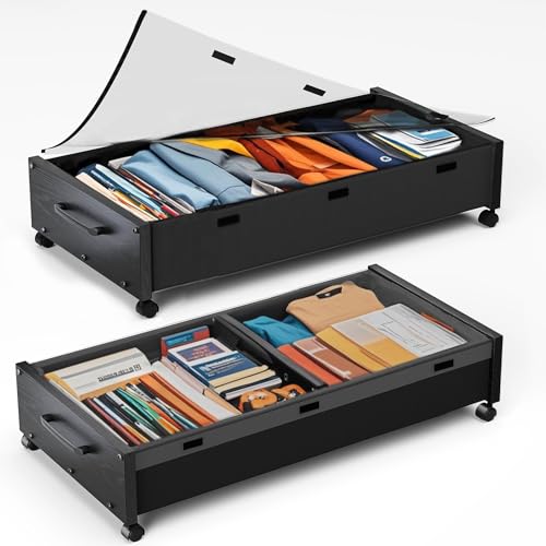 KITHELP Wooden Under Bed Storage with Wheels, 80L Extra-large Rolling Under the Bed Storage Bins 2 Pack with Removable Lid, Upgrade Metal Under Bed Drawers for Clothes Shoes Blankets in Bedroom - color: Black Wooden 90cm-2 pack
