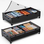 KITHELP Wooden Under Bed Storage with Wheels, 80L Extra-large Rolling Under the Bed Storage Bins 2 Pack with Removable Lid, Upgrade Metal Under Bed Drawers for Clothes Shoes Blankets in Bedroom - color: Black Wooden 90cm-2 pack