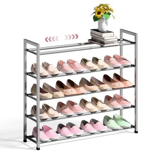 Bumusty 5-Tier Expandable Shoe Rack for Closet, 18“-33” Adjustable Shoe Rack for Small Space, Small Shoe Organizer for Front Door, Sturdy Metal, Light Grey - color: Light Grey, size: 5-Tier