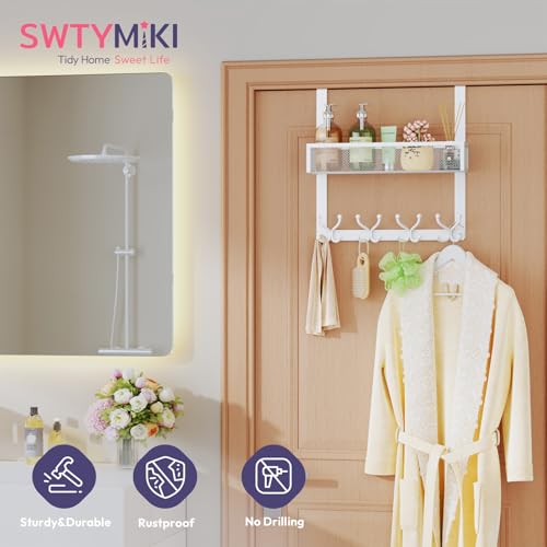 SWTYMIKI Over The Door Hook with 16 Hooks & Mesh Baskets - Heavy Duty Over The Door Organizer Hanger for Towels, Coats, Clothes - Space Saving Hanging Rack for Bathroom, Living Room, White - color: White-1 Basket