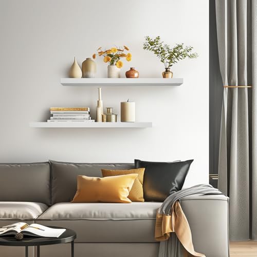 BAYKA Floating Shelves for Wall, 36 inches Long Wall Mounted Rustic Wood Shelves for Bathroom, Bedroom, Living Room, Kitchen, Office, Hanging Shelf for Books/Storage/Decor(White,Set of 2) - color: C. White - Modern Minimalist Style, size: 36inches