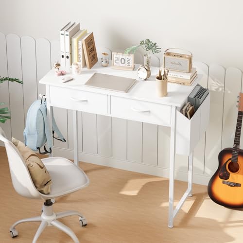DUMOS 32" Home Office Computer Desk with Drawers, Small Gaming Writing Study Table with Storage Side Bag, Headphone Hook and Adjustable Feet for Bedroom White - color: White, size: 32-In