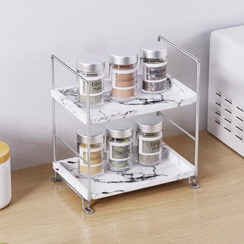 2-Tier Bathroom Organizer Countertop Perfume Makeup Shelf Cosmetics Storage Shelf Display Rack Vanity Dresser,Kitchen Spice Rack,Plastics Imitation Marble Design,Tool-Less Install(Sliver) - color: Imitation Marble,sliver