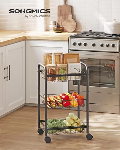 SONGMICS 3-Tier Metal Rolling Cart on Wheels with Baskets, Lockable Utility Trolley with Handles for Kitchen Bathroom Closet, Storage with Removable Shelves, Black UBSC03BK - color: Black