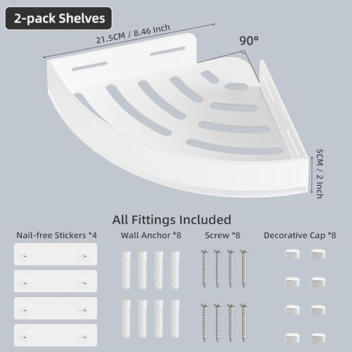 Wisfame Aluminium Shower Corner Shelves - Rustproof Shower Caddy No Drilling Installation Shampoo Holder, White Shelves for Wall for Bathroom Storage,Holds 20LB - color: White