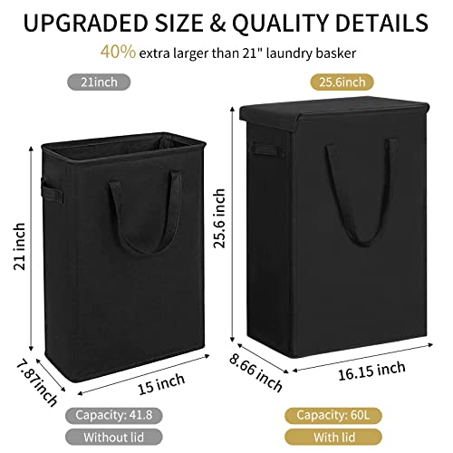 Chrislley 60L Slim Laundry Hamper with Lid Narrow Laundry Basket with Handle Upgrade Foldable Dirty Clothes Hamper Portable Skinny Hamper Organizer Storage Bins (25.6 inches, black) - color: black