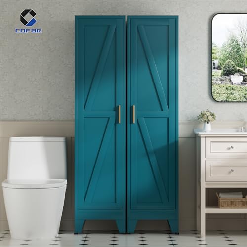 COFaR 67'' Tall Slim Bathroom Storage Cabinet, Metal Narrow Pantry Cabinet with 4 Adjustable Shelves and One Door, Skinny Cabinet Storage for Kitchen Laundry, Peacock Blue Farmhouse 5 Tiers - color: Peacock Blue, size: 67 Tall 1 Door