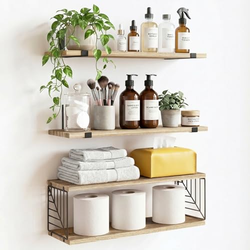 Fixwal Bathroom Floating Shelves Over Toilet, 15.8in Farmhouse Rustic Wood Shelves, Wall Decor for Bathroom, Living Room,Bedroom and Kitchen (3 Plus 1 Tier Rustic Brown) - color: Rustic Brown