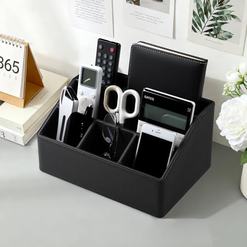 Remote Control Holder with 5 Compartments for Office Art Supplies, PU Leather Nightstand Organizer Pencil Pen Desk Caddy for Home, Desktop TV Remote Control Organizer Storage (Black) - color: Black