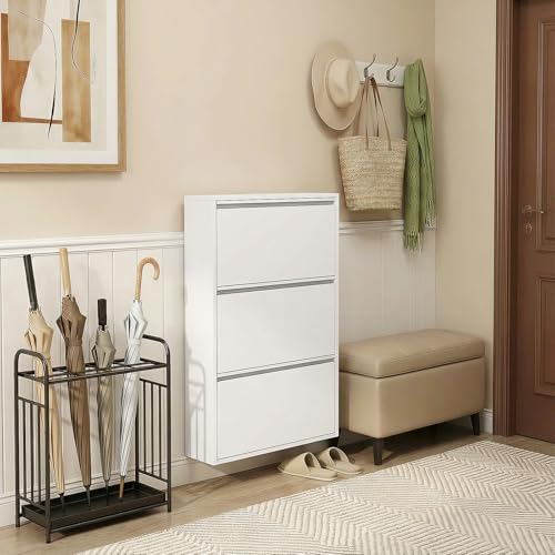 Shoe Cabinet with 3 Flip Drawers, Slim Metal Wall-Mounted Shoe Storage Organizer for Entryway, Hallway, Mudroom, Hidden Narrow Rack, White - style: 3 Flip Drawers