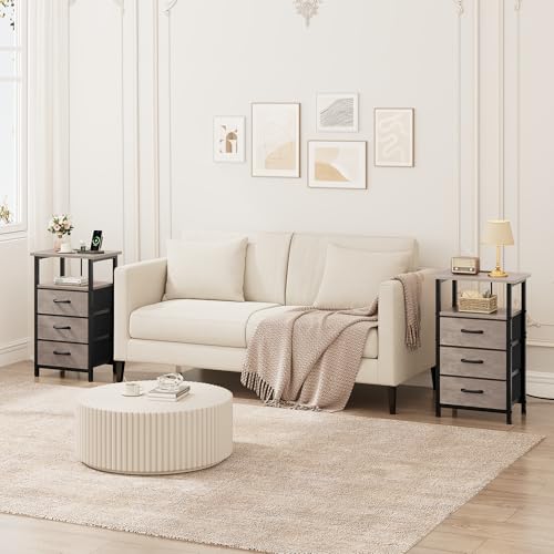 Vagusicc Nightstand Set of 2 with Charging Station, Bedside Table with USB Ports and Outlet, End Table Side Table with 3 Fabric Drawer and Storage Shelf, Bed Side Table Night Stand for Bedroom, Greige - color: Greige, size: 2 Pieces, style: Ordinary
