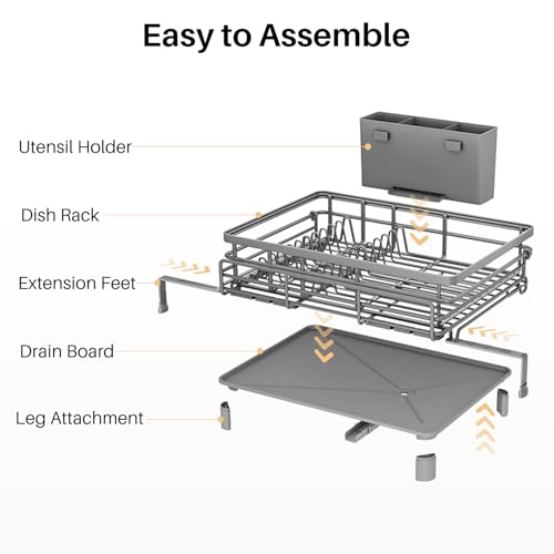 SNTD Dish Drying Rack - Extendable Dish Rack, Large Sink Drying Dish Drainer for Kitchen Counter, Stainless Steel Dish Strainer with Utensil Holder (Grey) - color: Gray