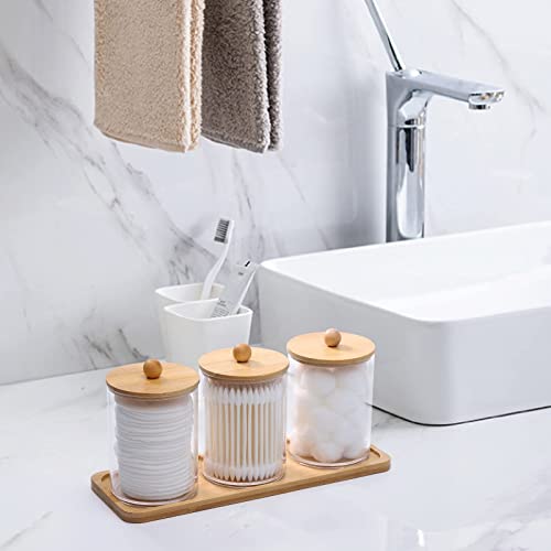 Tbestmax 10 Oz Cotton Swab/Ball/Pad Holder with Vanity Tray, Qtip Apothecary Jar, Clear Bathroom Containers Dispenser for Storage 3 Pack Wood Lids - color: Group A-beige Bamboo