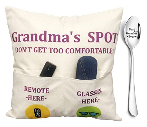 ZUYUROU Grandma Gifts, 2-Pocket Grandma’s Spot Throw Pillow Covers 18x18 Inch + Engraved Spoon, Birthday Christmas hanksgiving Day Gifts for Grandma Mom Gigi Nana Mimi - color: Grandma