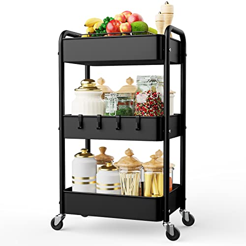 LEHOM 3 Tier Rolling Storage Cart, Metal Trolley Utility Cart with Wheels & Hooks, Easy Assembly Organizer Storage Cart for Bathroom Kitchen Office Bedroom - color: Black