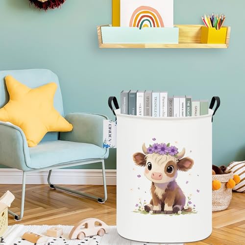 Round Cow Laundry Basket,Collapsible Laundry Hamper for Nursery,Cute Highland Cow Toy Storage Bin for Kids,Waterproof Storage Basket for Home,Bedroom,Playroom,New Parent Gift (Cute calf) - color: Round Cute calf
