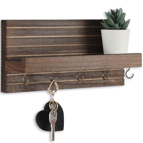 Lwenki Decorative Key Holder for Wall with Shelf, Entryway Shelf with Hooks Holds Leashes, Jackets and Glasses – Sturdy Wood Keyholder Entrance Hanger with Mounting Hardware (Brown, Medium) - color: Brown, size: Medium